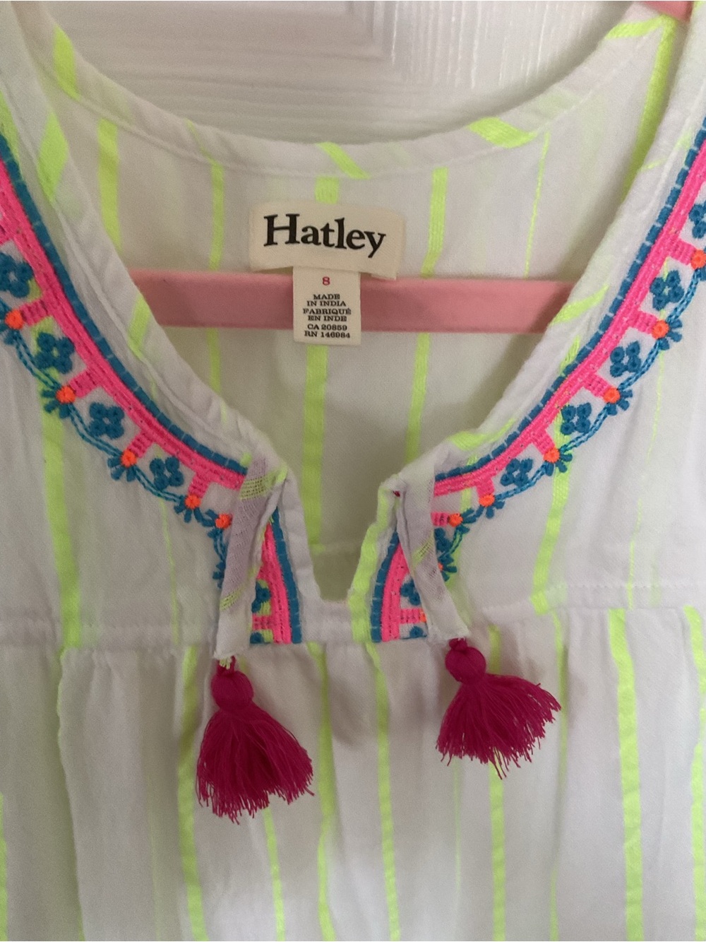 Hatley Embroidered Dress with Neon Yellow Stripes and Pink Tassels Size 8 New